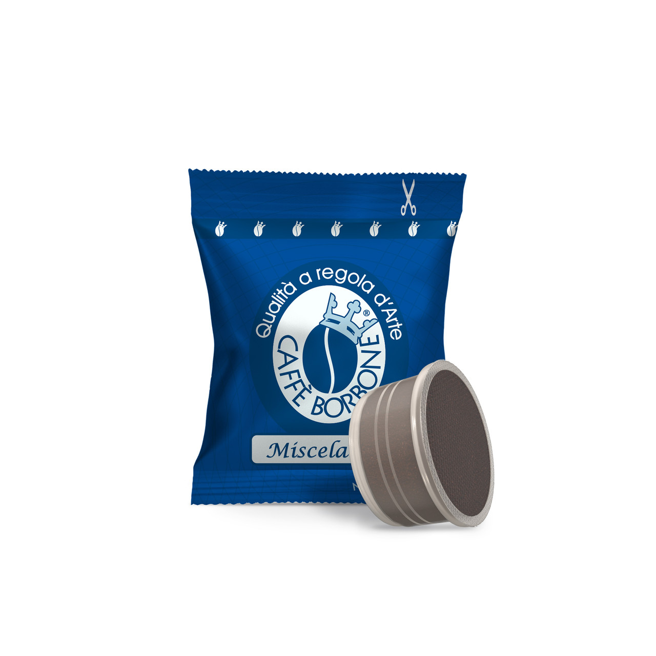front facing image of an individually wrapped Lavazza Espresso Point coffee pod, Miscela Blu, Blue blend with the coffee pod in front front facing image of an individually wrapped Lavazza Espresso Point coffee pod, Miscela Blu, Blue blend with the coffee pod in front