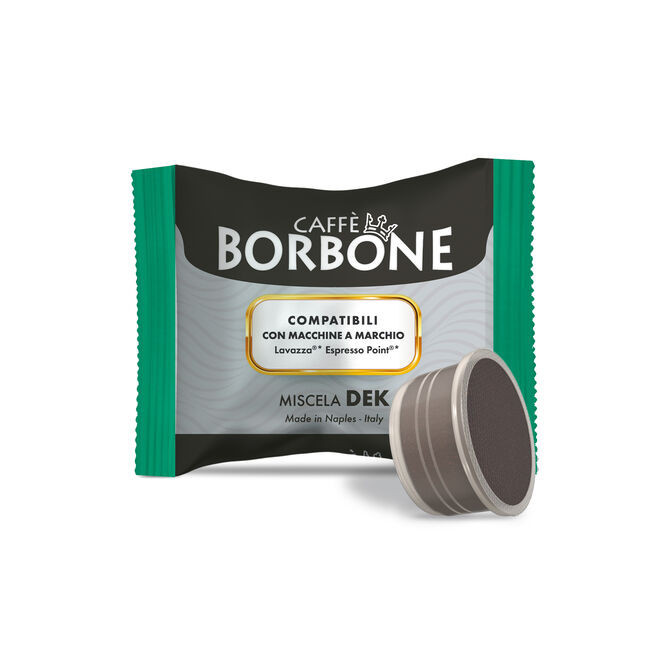 Caffe Borbone Miscela DEK Decaf Capsules, compatible with Lavazza Espresso Point espresso machine, shown with a capsule and packaging.