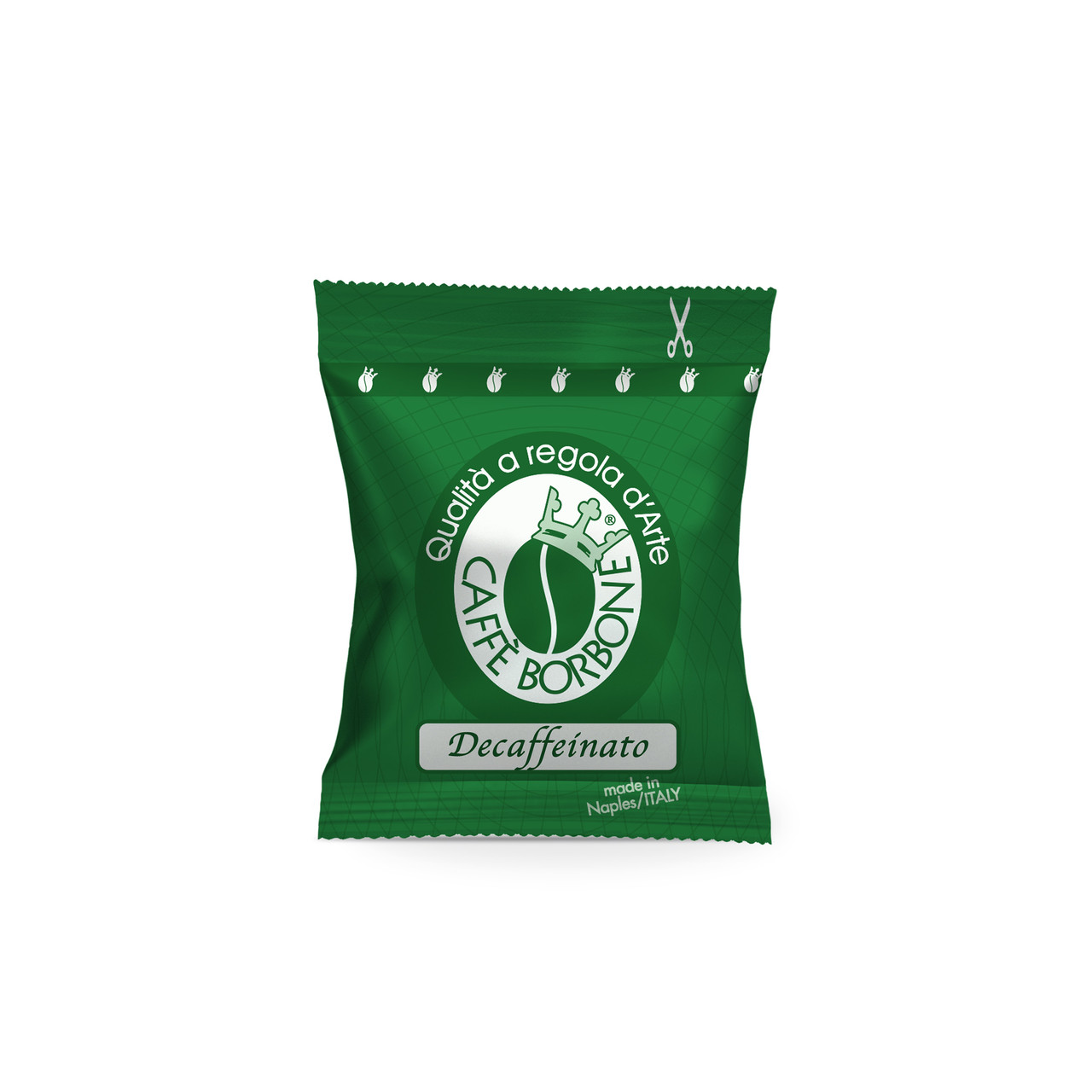 front facing image of an individually wrapped Lavazza Espresso Point coffee pod, Decaffeinato, green blend decaffeinated front facing image of an individually wrapped Lavazza Espresso Point coffee pod, Decaffeinato, green blend decaffeinated