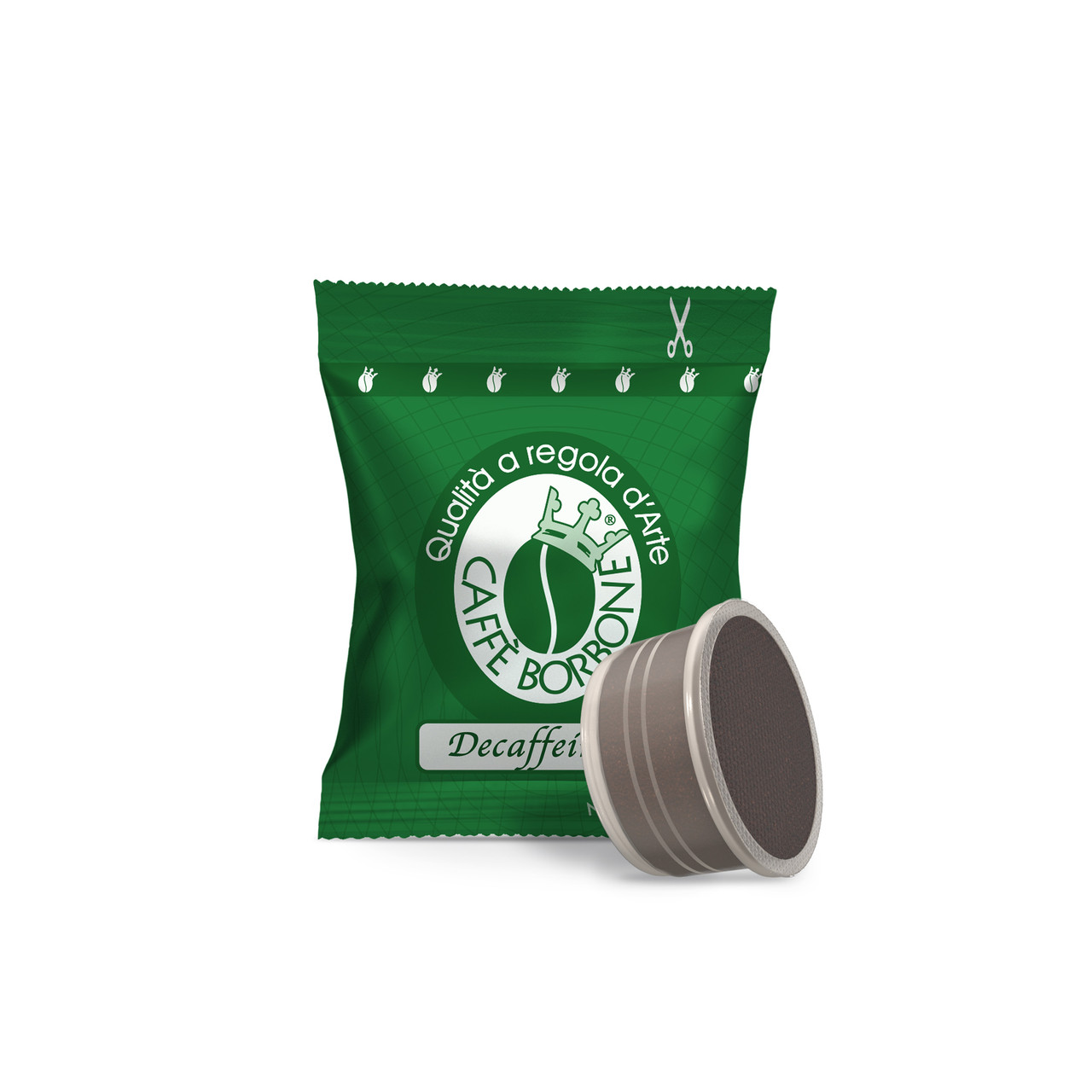 front facing image of an individually wrapped Lavazza Espresso Point coffee pod, decaffeinato, green blend decaffeinated with the coffee pod in front front facing image of an individually wrapped Lavazza Espresso Point coffee pod, decaffeinato, green blend decaffeinated with the coffee pod in front