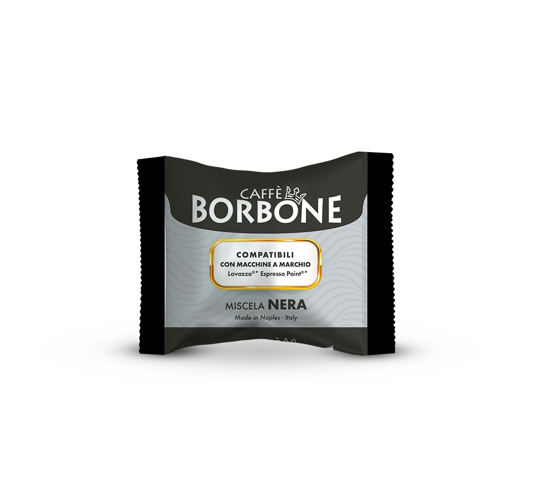 Caffe Borbone Miscela Nera - Lavazza Espresso Point®* Machine Compatible Capsules, black and gray coffee capsule package with product branding - mobile gallery view
