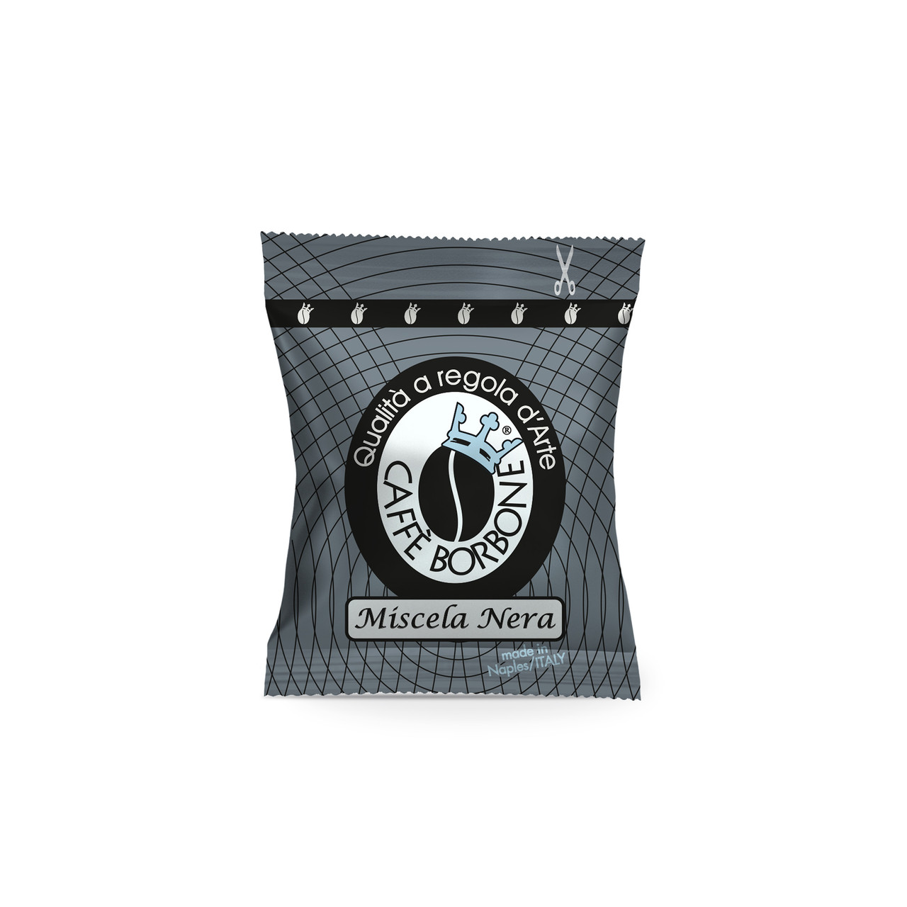 front facing image of an individually wrapped Lavazza Espresso Point coffee pod, Miscela Nera, black blend front facing image of an individually wrapped Lavazza Espresso Point coffee pod, Miscela Nera, black blend