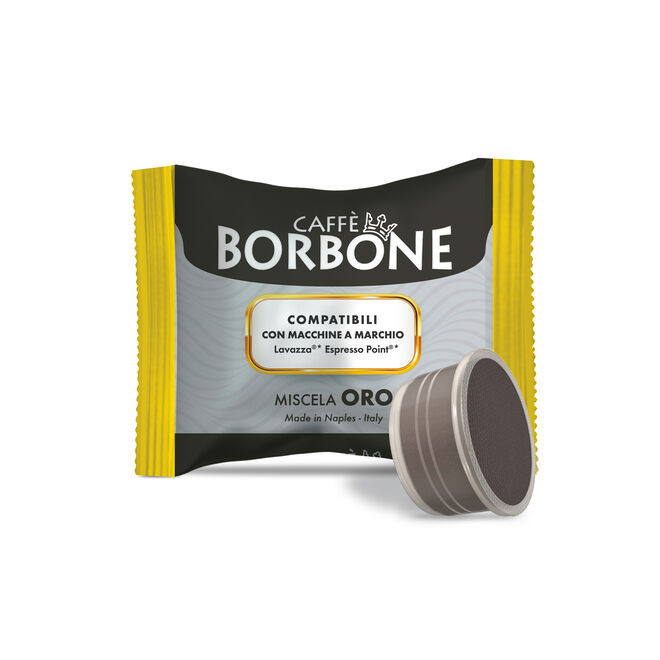 Caffe Borbone Miscela Oro - Lavazza Espresso Point® Machine Compatible Capsules, gray coffee capsule with a black filter, in front of a yellow and black packaging pouch.