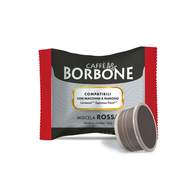 Caffe Borbone Miscela Rossa - Lavazza Espresso Point®* Machine Compatible Capsules, coffee capsule and packaging.