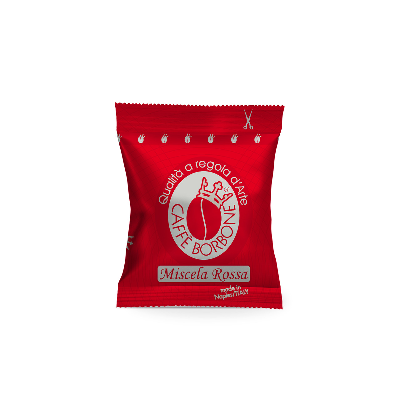 front facing image of an individually wrapped Lavazza Espresso Point coffee pod, Red blend Miscela Rossa front facing image of an individually wrapped Lavazza Espresso Point coffee pod, Red blend Miscela Rossa