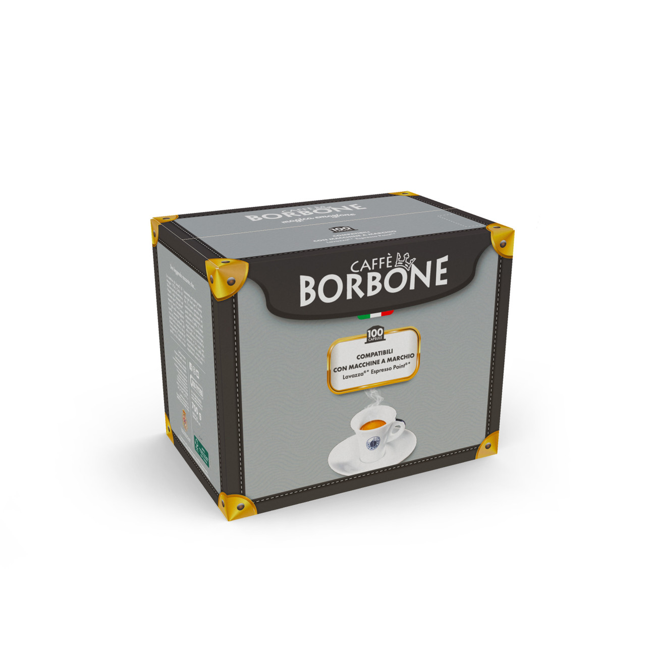 three-quarter view of the front of a box of 100 count Caffe Borbone Lavazza Espresso Point pods, Miscela Rossa, Red blend three-quarter view of the front of a box of 100 count Caffe Borbone Lavazza Espresso Point pods, Miscela Rossa, Red blend