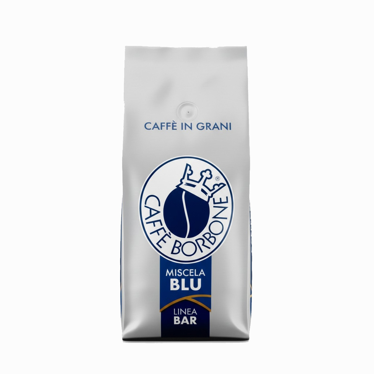 Caffe Borbone Miscela Blu Whole Bean Coffee, a package of premium coffee beans in a white bag with blue and gold accents and the Caffe Borbone logo.