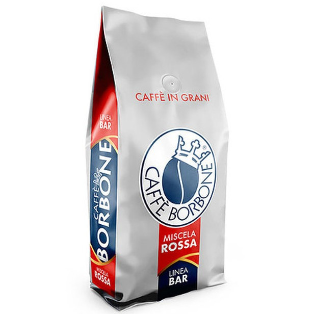 Caffe Borbone Miscela Rossa Whole Bean Coffee, silver bag with red and blue accents displaying the brand logo and product name.