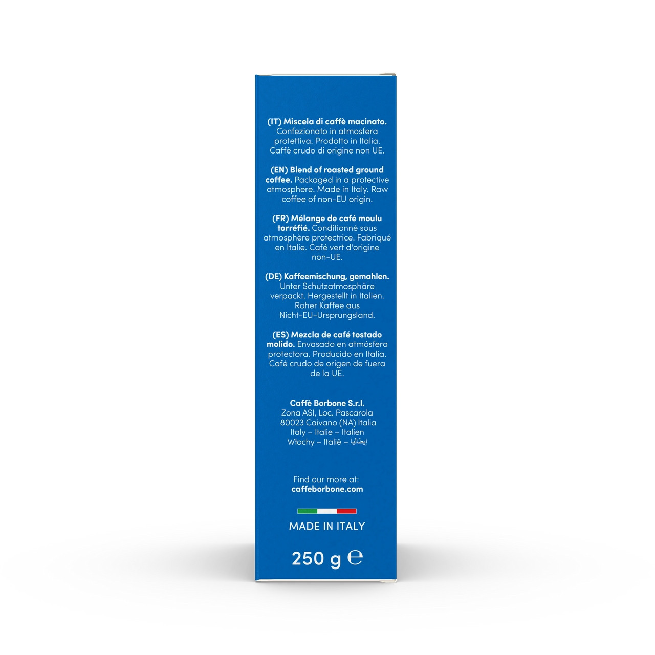 Caffe Borbone Crema Classica Ground Coffee, blue packaging label with multilingual description of roasted ground coffee product.