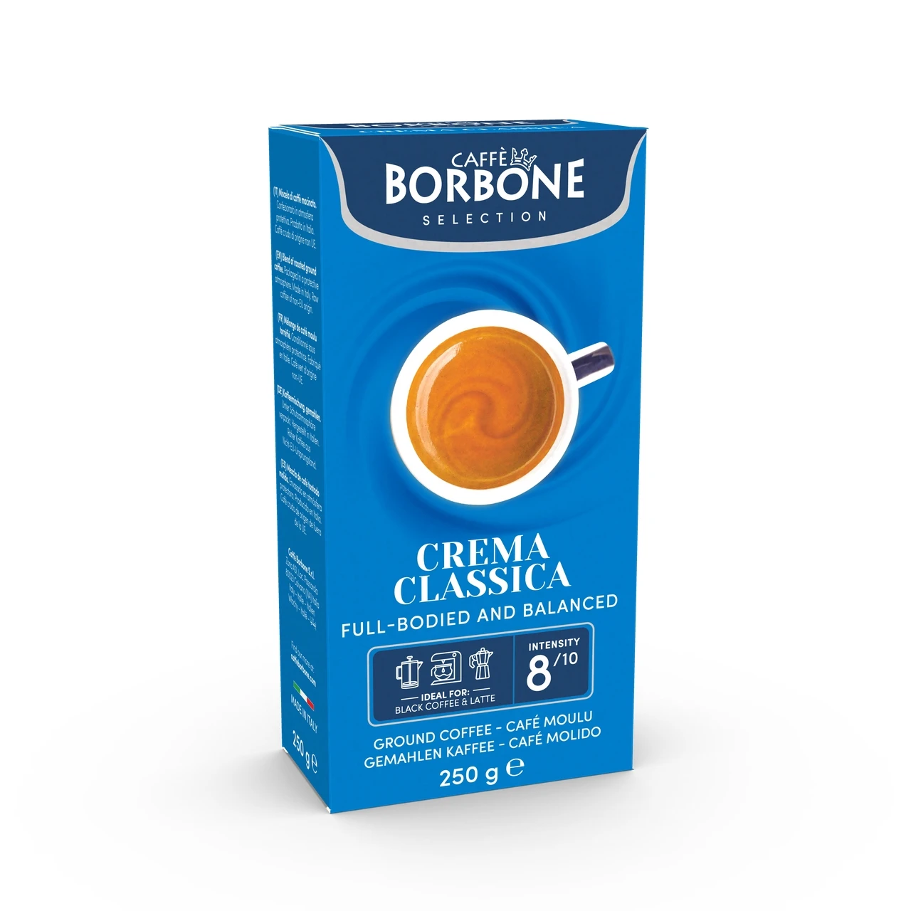 Caffe Borbone Crema Classica Ground Coffee, blue rectangular box with a coffee cup illustration on the front.