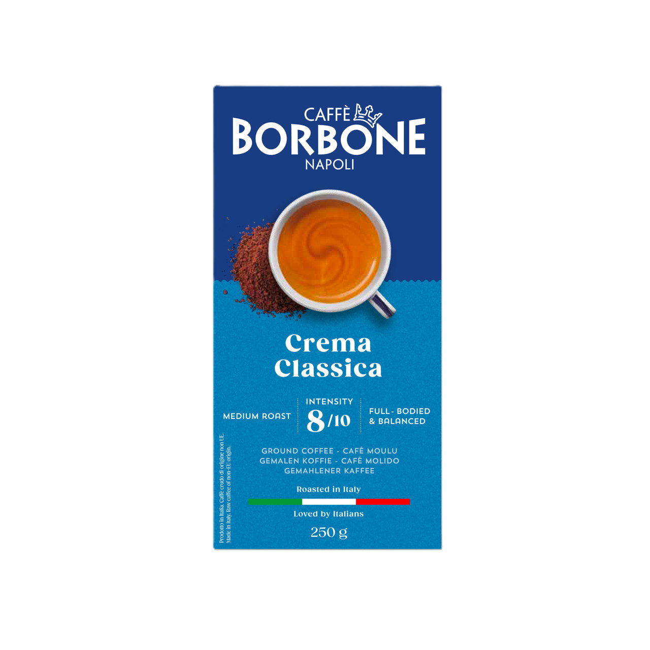 Caffe Borbone Crema Classica Ground Coffee, blue rectangular box with a coffee cup illustration on the front.