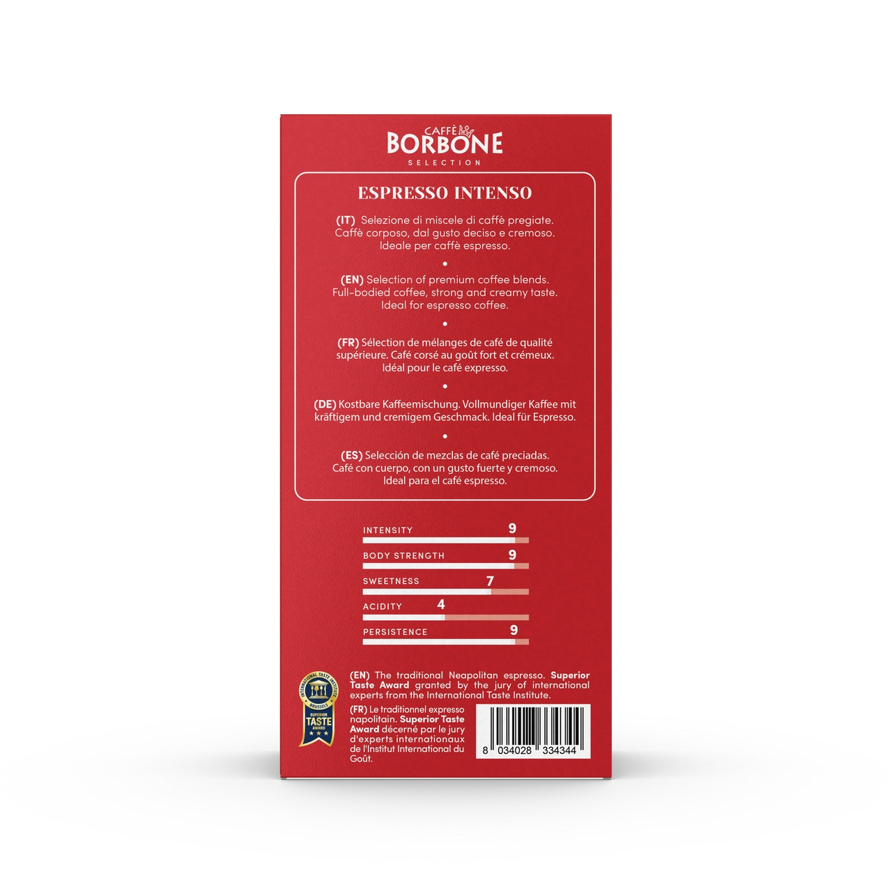 Caffe Borbone Espresso Intenso Ground Coffee, red packaging with product description and intensity, body strength, sweetness, acidity, and persistence ratings.