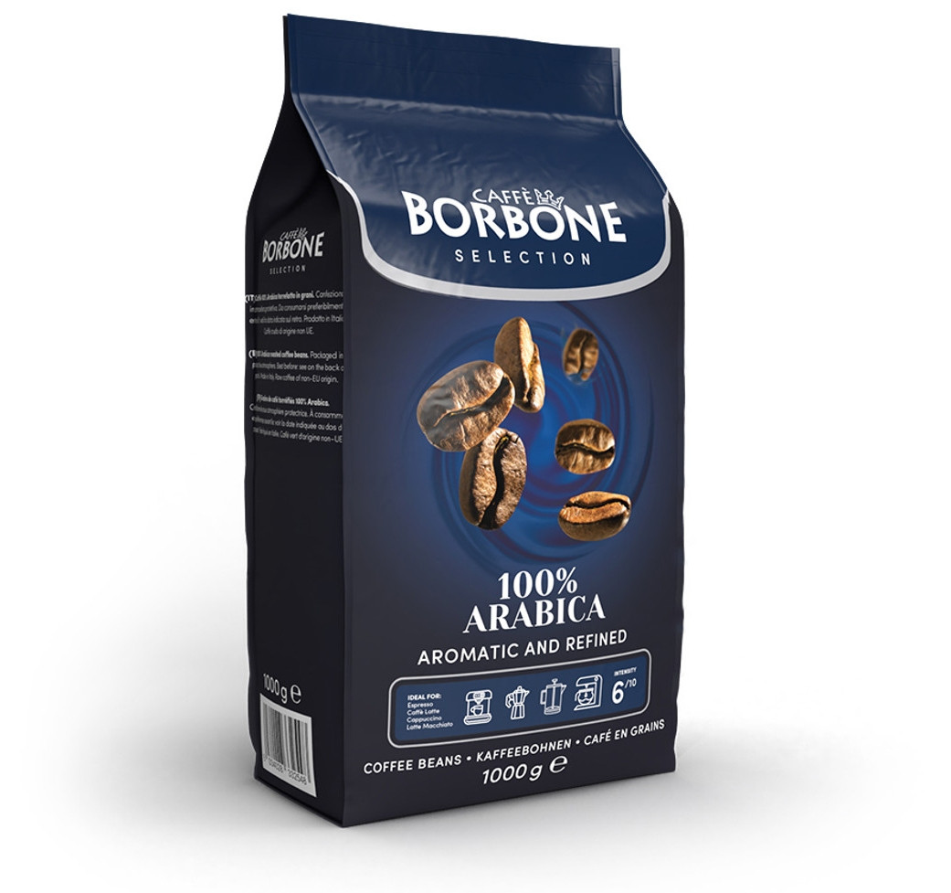 Caffe Borbone 100% Arabica Whole Bean Coffee, dark blue packaging with coffee beans illustration.