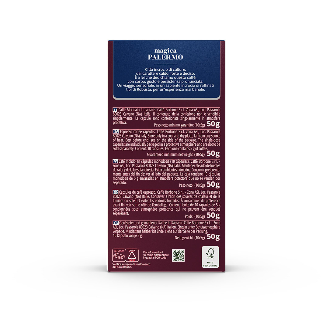Caffe Borbone Magica Palermo Blend - Aluminum Nespresso®* Machine Compatible Capsules, product packaging showing a blue, white, and red box with product details and description in multiple languages.