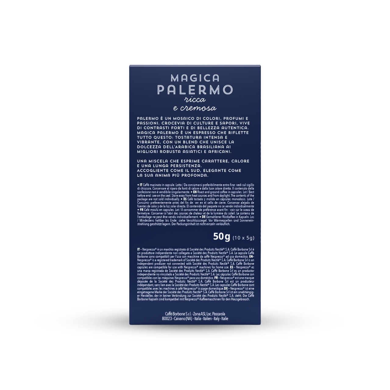 Caffe Borbone Magica Palermo Blend - Aluminum Nespresso®* Machine Compatible Capsules, product packaging showing detailed product description and specifications.