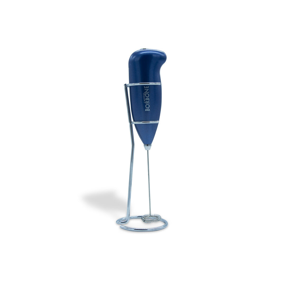 Caffe Borbone Handheld Milk Frother, blue electric milk frother with a sleek ergonomic design and a metal whisk attachment for creamy foam.