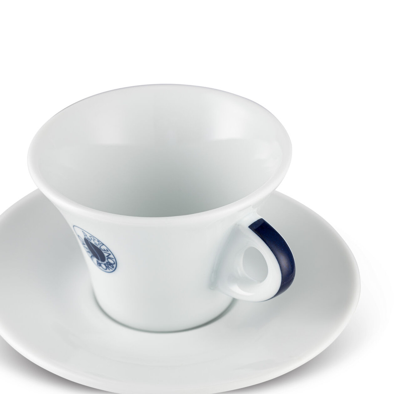 top angle view of a white espresso cup and saucer with a blue accent on the handle.  top angle view of a white espresso cup and saucer with a blue accent on the handle.