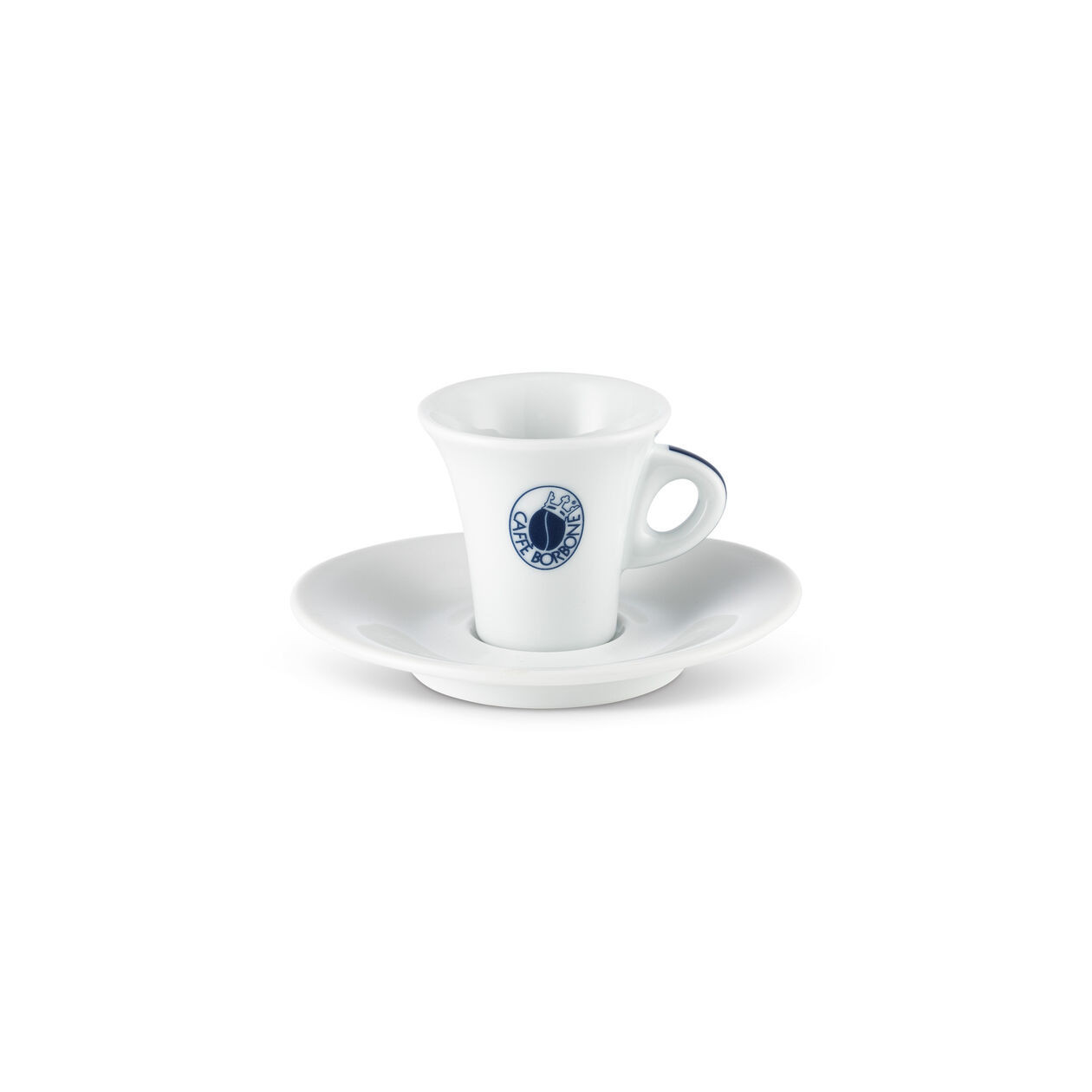 Caffe Borbone Espresso Cups, Set of 6, white ceramic espresso cup with Caffe Borbone logo, placed on a matching saucer, ideal for serving authentic Italian espresso.