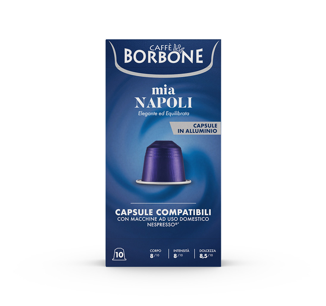 Caffe Borbone Aluminum Nespresso®* Machine Compatible Mini Tasting Kit, blue packaging box with coffee capsule image.