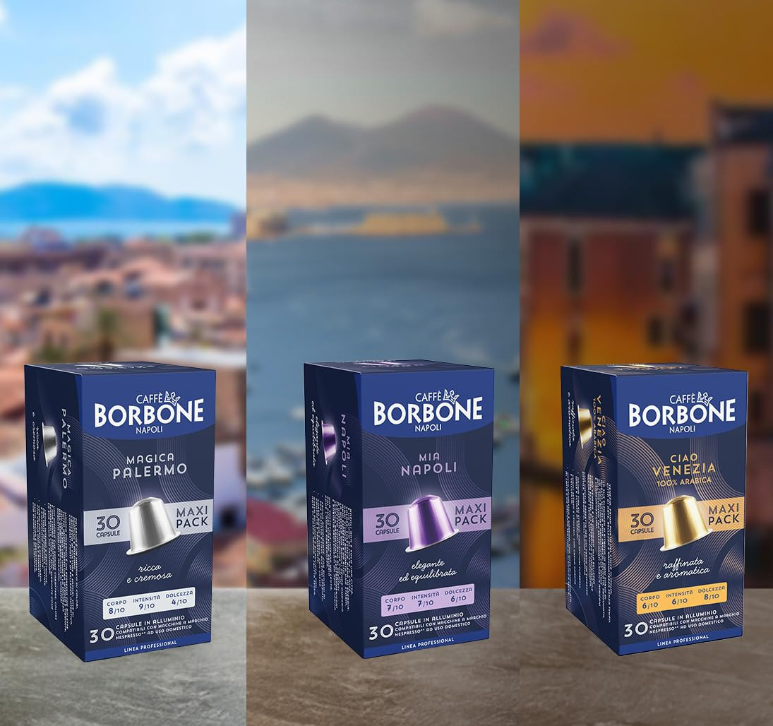 Caffe Borbone Aluminum Nespresso®* Machine Compatible Mini Tasting Kit, three boxes of coffee capsules with scenic backgrounds.