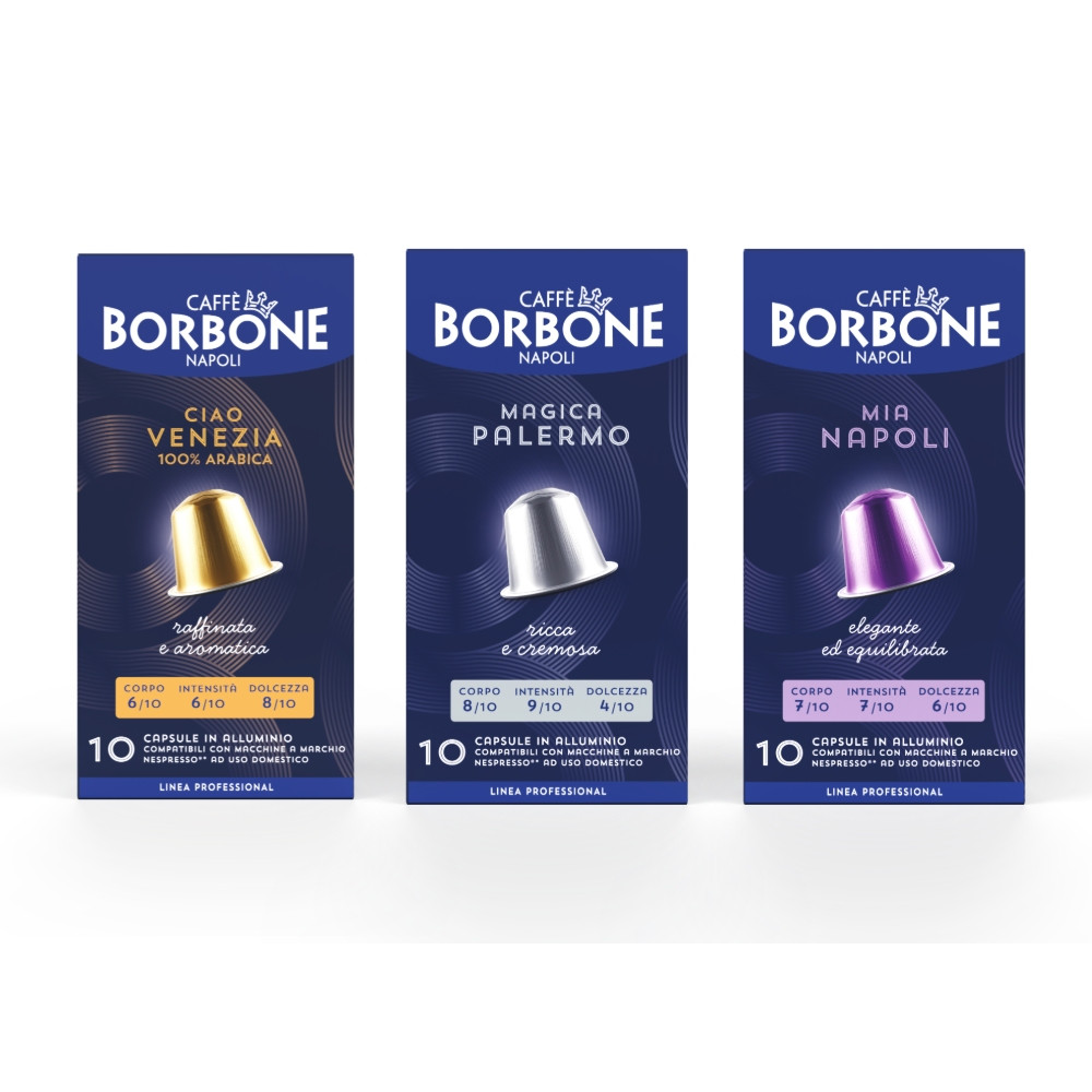 Caffe Borbone Aluminum Nespresso®* Machine Compatible Mini Tasting Kit, three boxes of coffee capsules in different flavors and colors.
