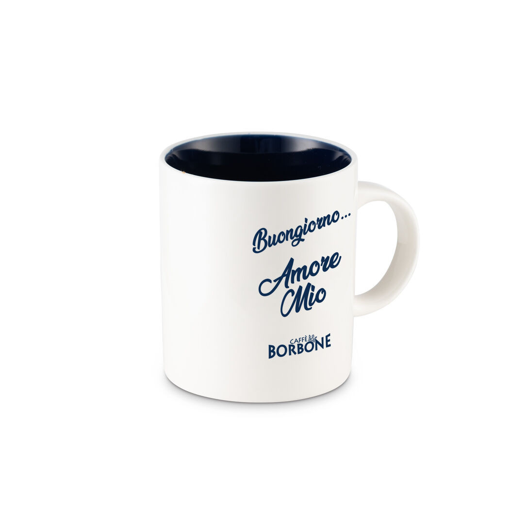 Caffe Borbone Ceramic Mug, white ceramic mug with Italian text and blue interior