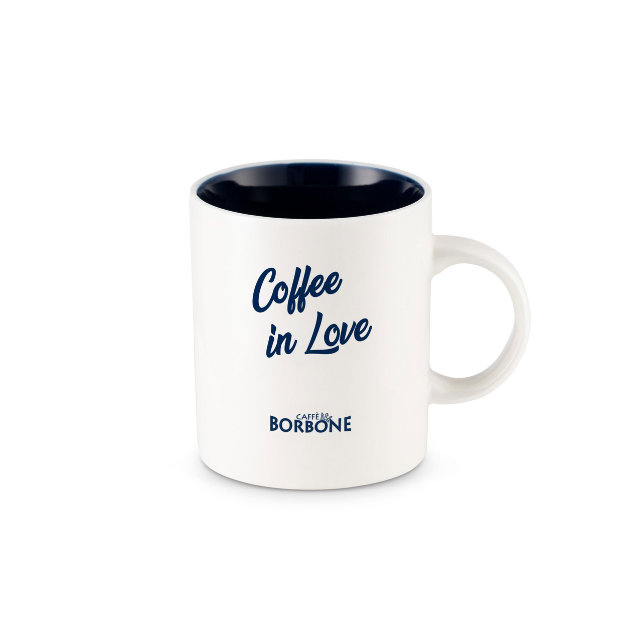 Caffe Borbone Ceramic Mug, white mug with black interior and blue text reading Coffee in Love, featuring the Caffe Borbone logo.