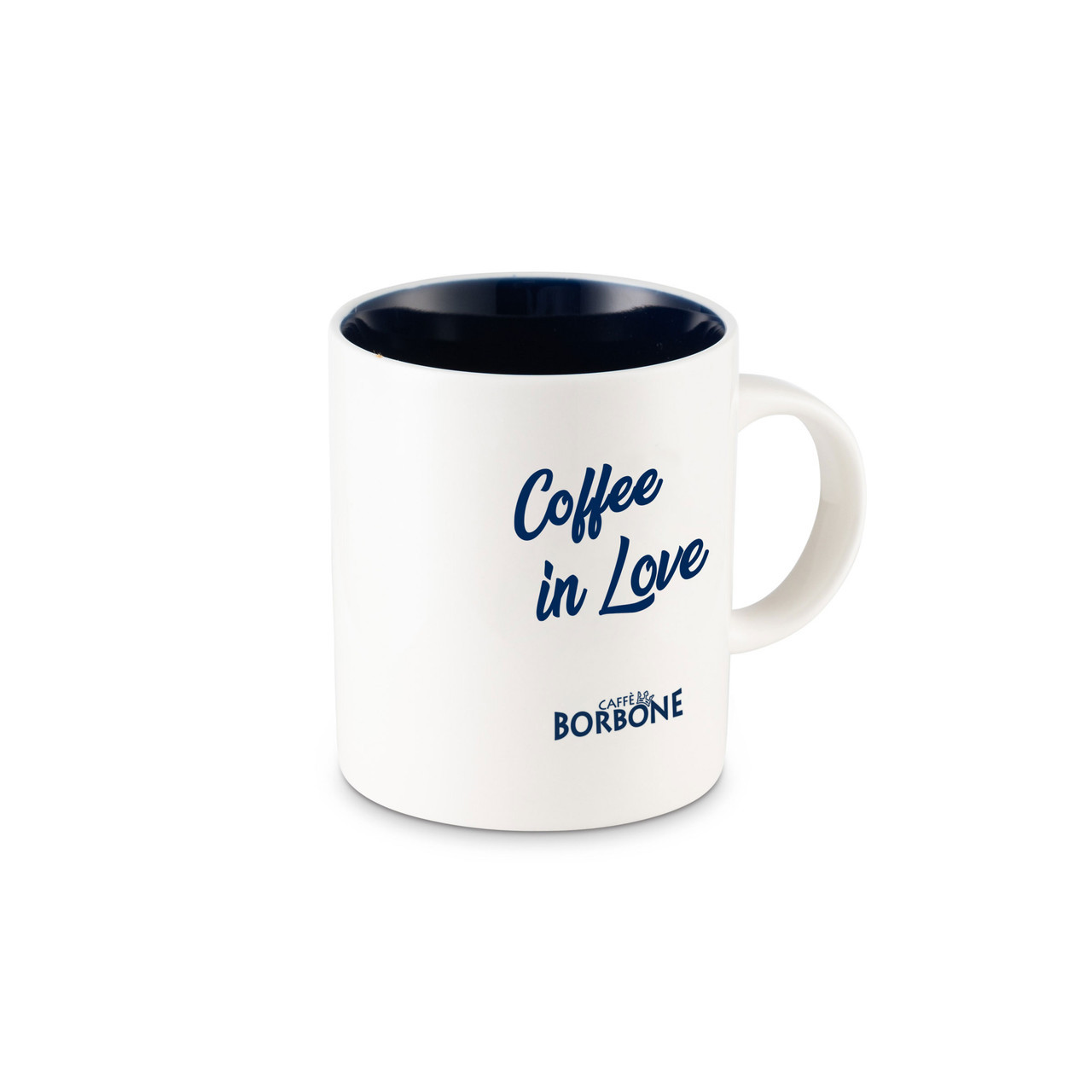 Caffe Borbone Ceramic Mug, white coffee mug with blue text and logo, stylish and durable ceramic coffee cup with 'Coffee in Love' written on it. - mobile gallery view