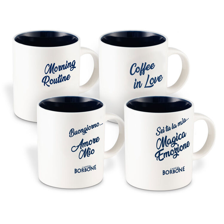 Caffe Borbone Ceramic Mug, set of four white ceramic mugs with blue interior and inspirational phrases in blue script on the exterior.