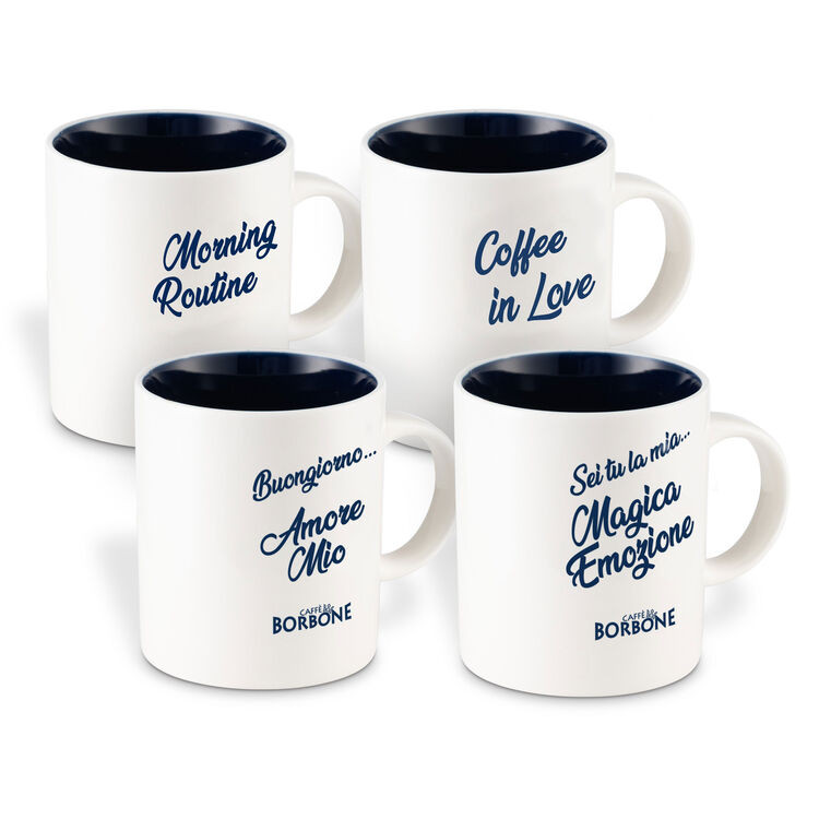 Caffè Borbone Set Of 4 White Ceramic Mugs with navy interior, printed with morning coffee quotes. The mugs say "morning routine", "coffee in love", "dei tu la mia magica emozione", Buongiorno Amore Mio"