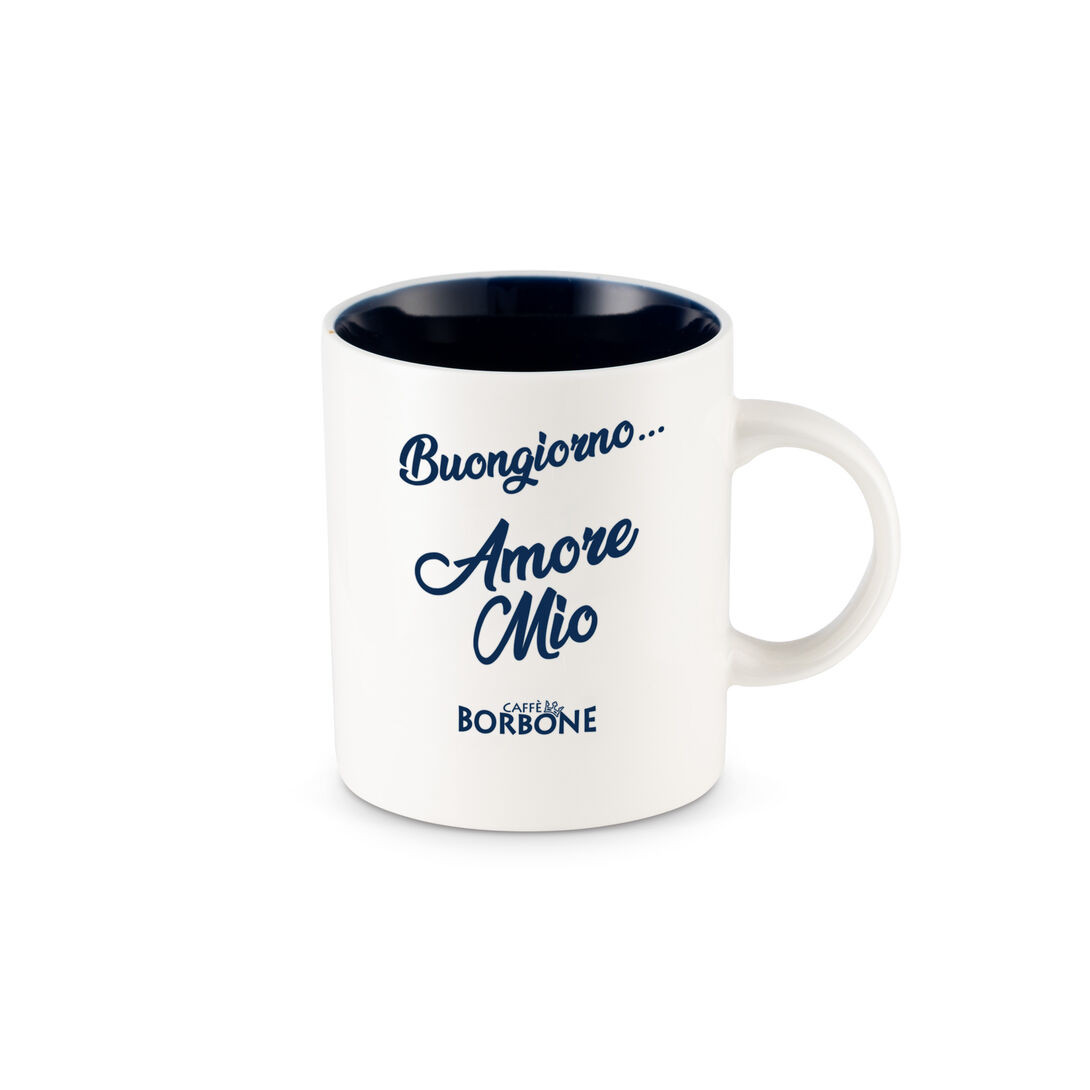 Caffè Borbone white ceramic mug with navy interior with "Buongiorno Amore Mio" printed in cursive.  Towards the bottom of the mug is the Caffe borbone logo