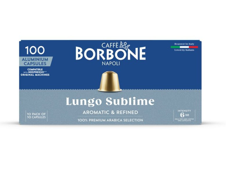 Caffe Borbone Lungo Sublime 100% Arabica - Aluminum Nespresso®* Compatible Capsules, blue product packaging showing coffee capsule - mobile gallery view