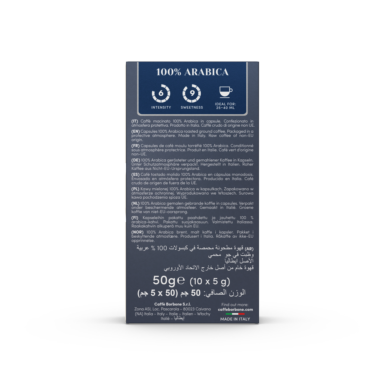 back of a box of Caffe Borbone100 percent arabica coffee Aluminum pods quantity 10 5 grams each.