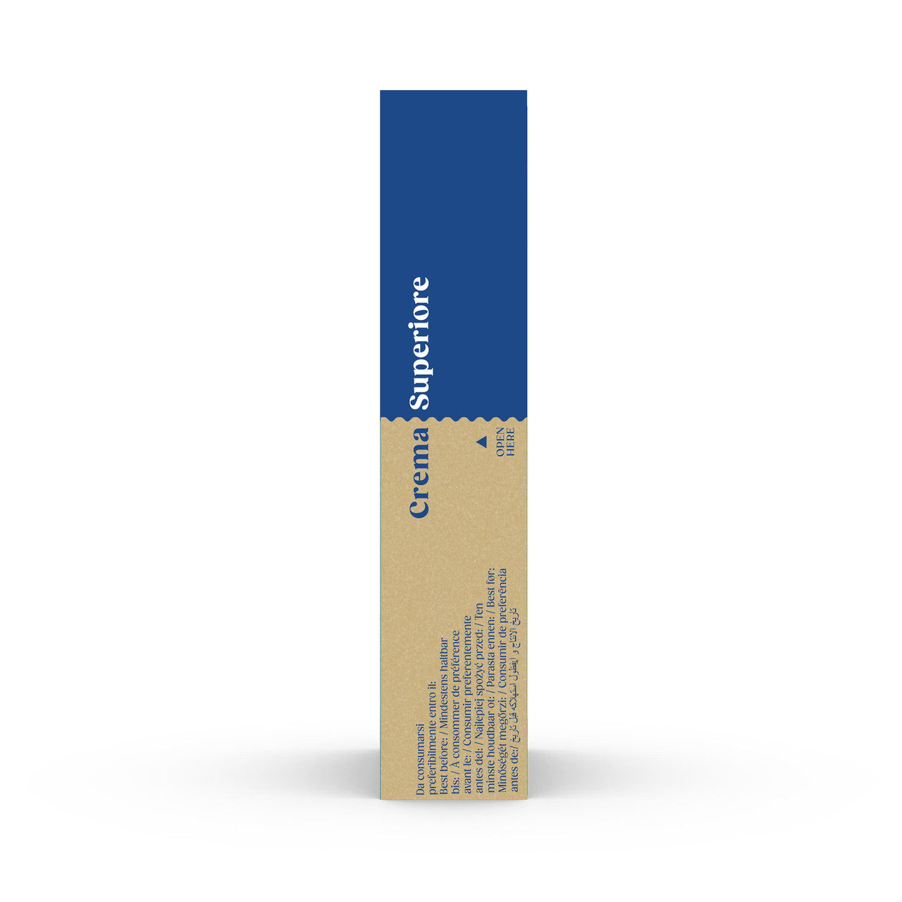 Caffe Borbone Crema Superiore - Aluminum Nespresso®* Compatible Capsules, beige capsule box with blue text and directional arrow for opening. - mobile gallery view