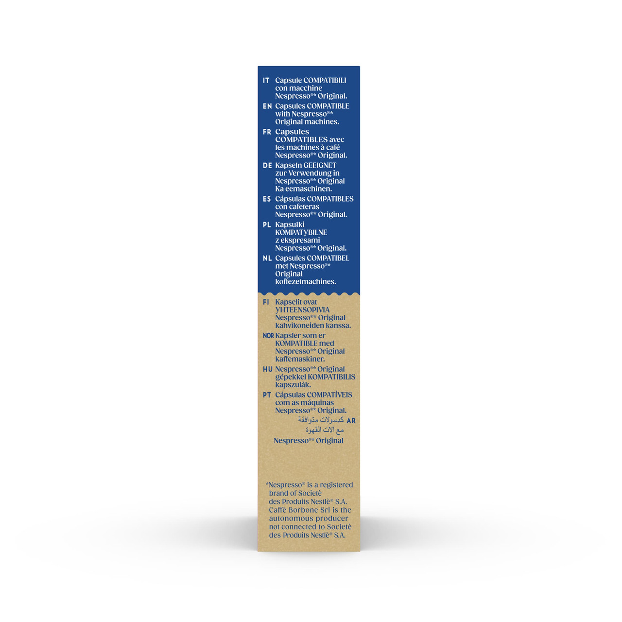 Caffe Borbone Crema Superiore - Aluminum Nespresso®* Compatible Capsules, product packaging with size details and multiple language instructions on compatibility with Nespresso machines. - mobile gallery view