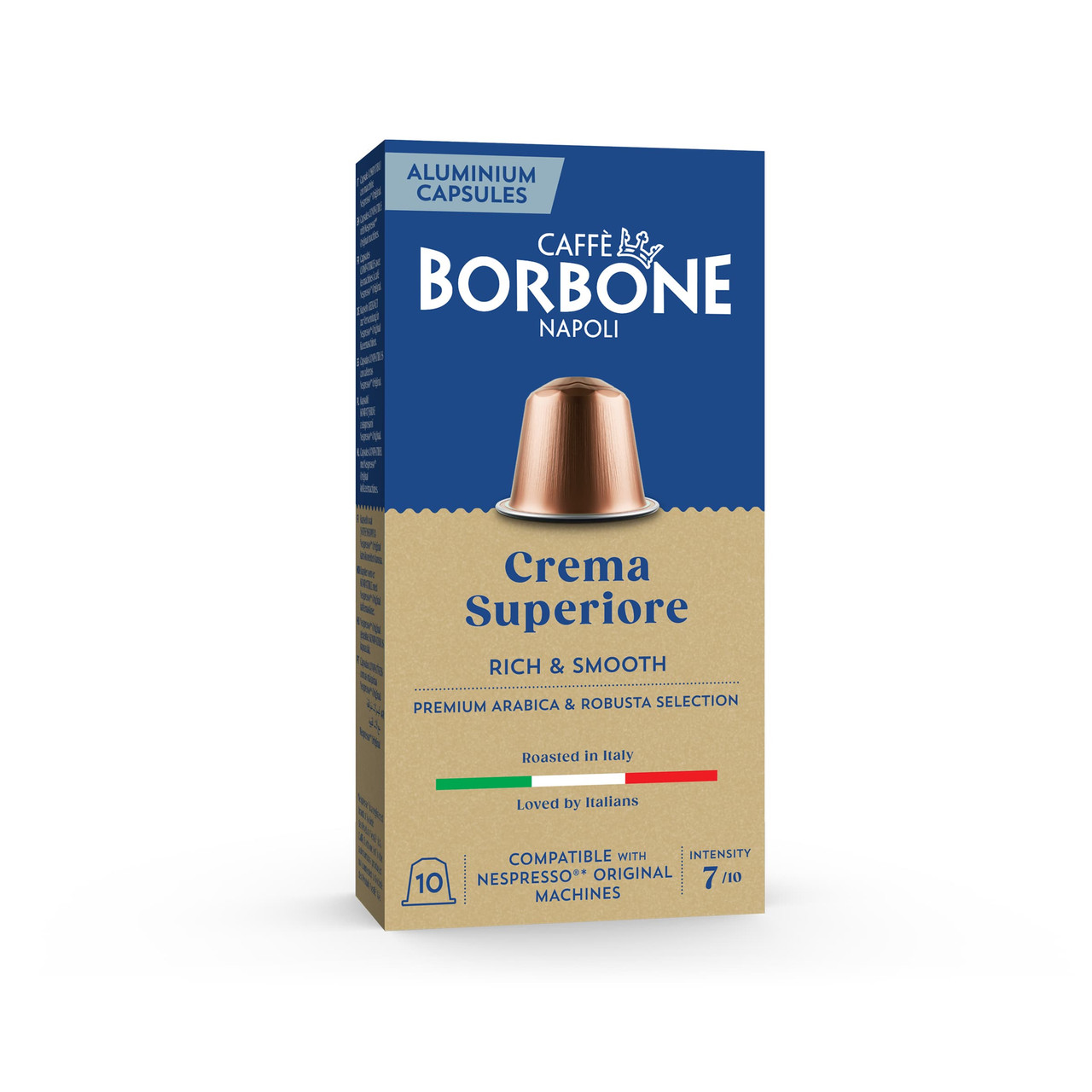 Caffe Borbone Crema Superiore - Aluminum Nespresso®* Compatible Capsules, image of beige coffee capsule box with blue and white label featuring a coffee capsule and Italian flag. - mobile gallery view