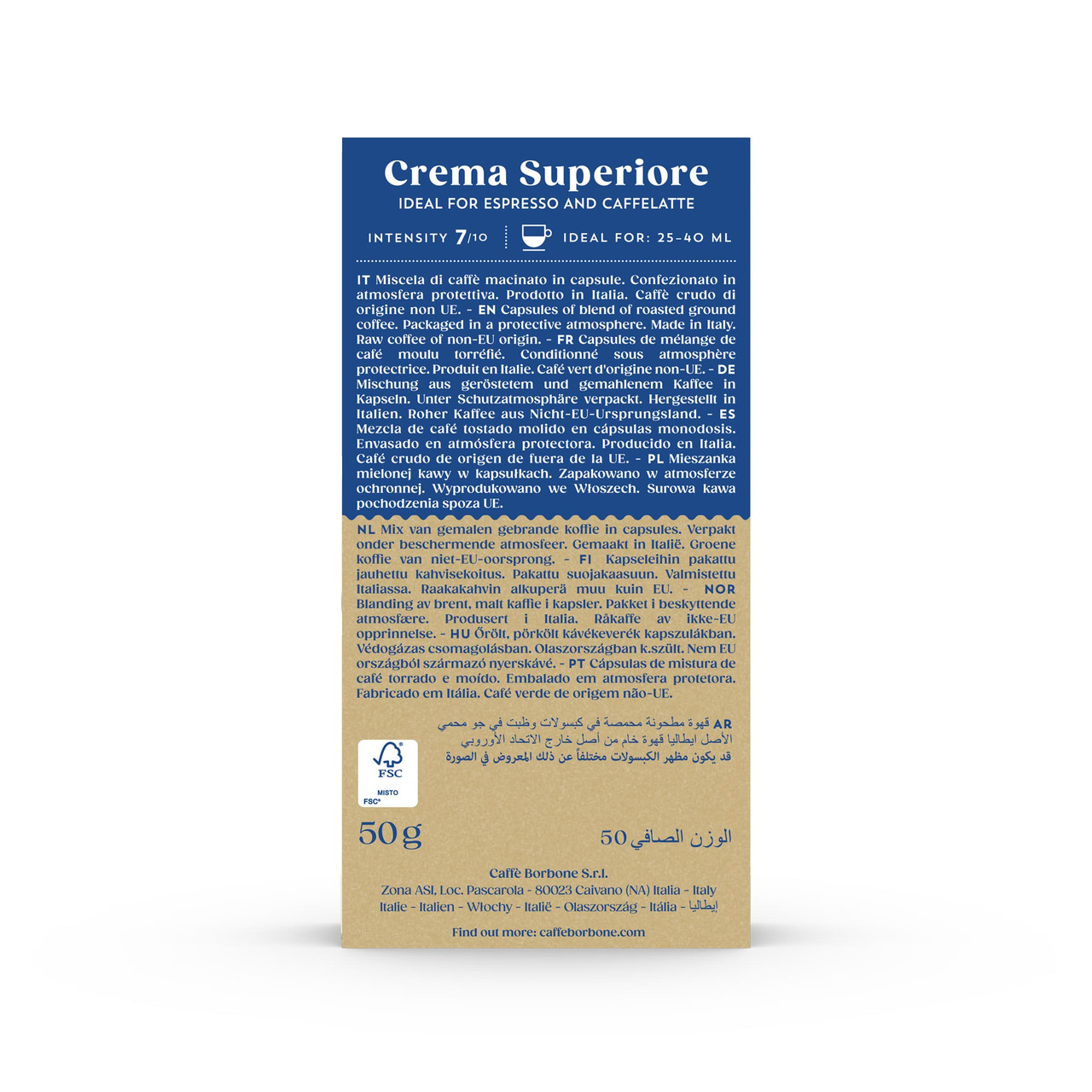Caffe Borbone Crema Superiore - Aluminum Nespresso®* Compatible Capsules, product packaging with specifications and branding details. - mobile gallery view