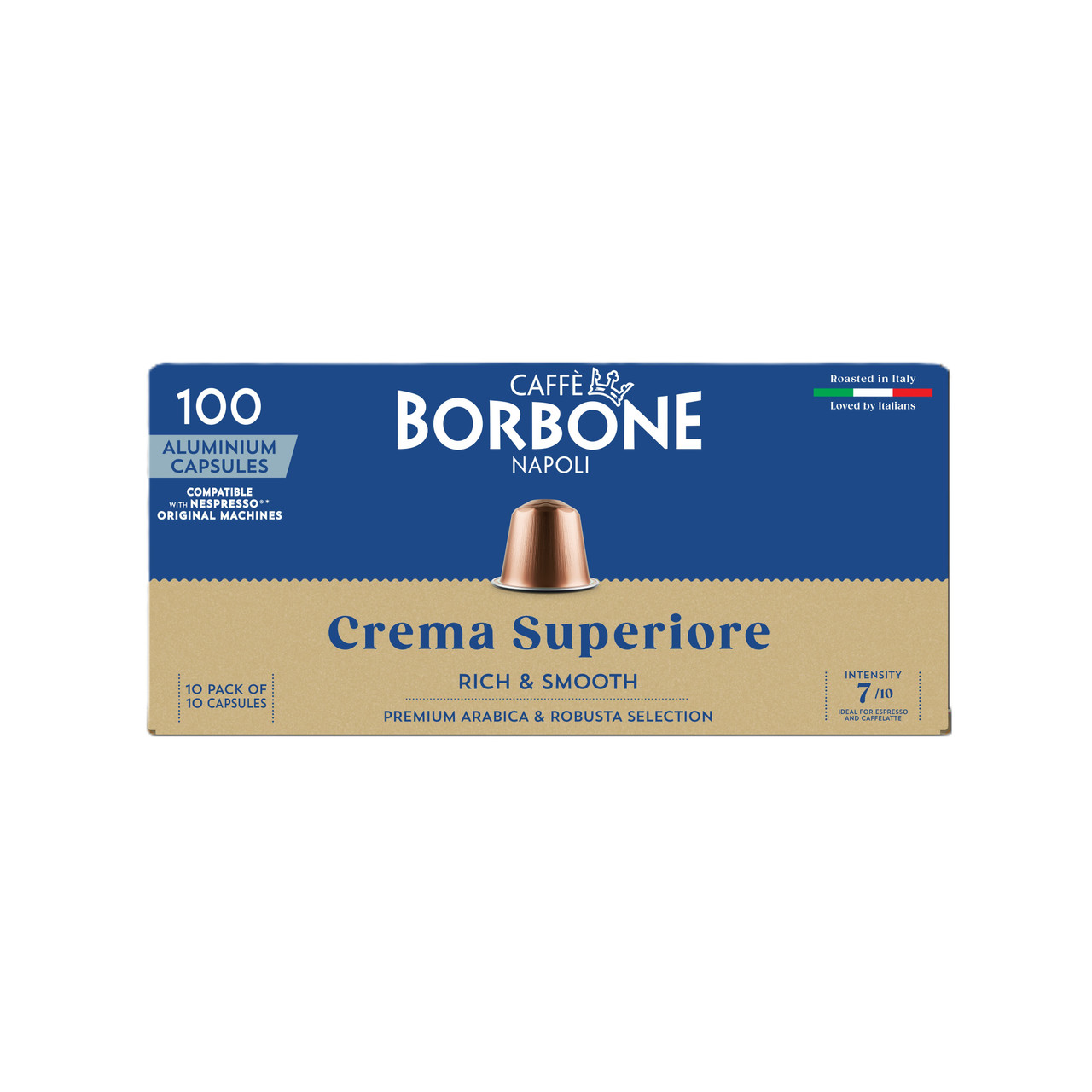 Caffe Borbone Crema Superiore - Aluminum Nespresso®* Compatible Capsules, beige and blue packaging with a glass of espresso and a single coffee capsule shown on the front. - mobile gallery view