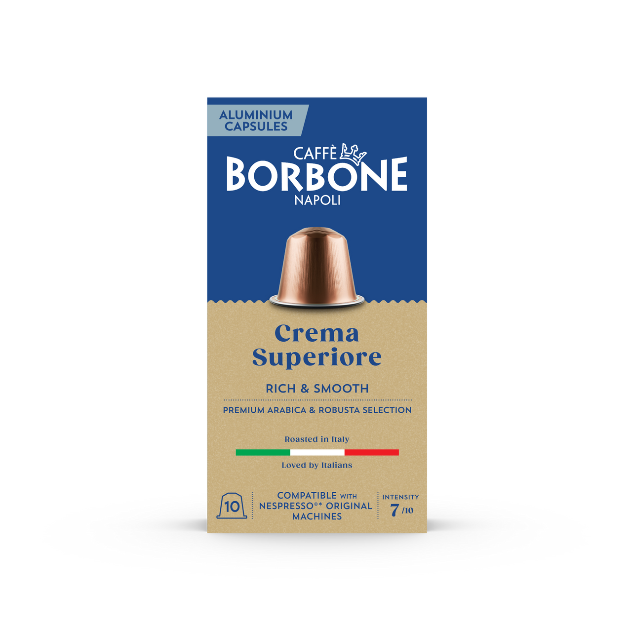 Caffe Borbone Crema Superiore - Aluminum Nespresso®* Compatible Capsules, beige and blue packaging with an image of a coffee capsule and information about compatibility and recyclability. - mobile gallery view