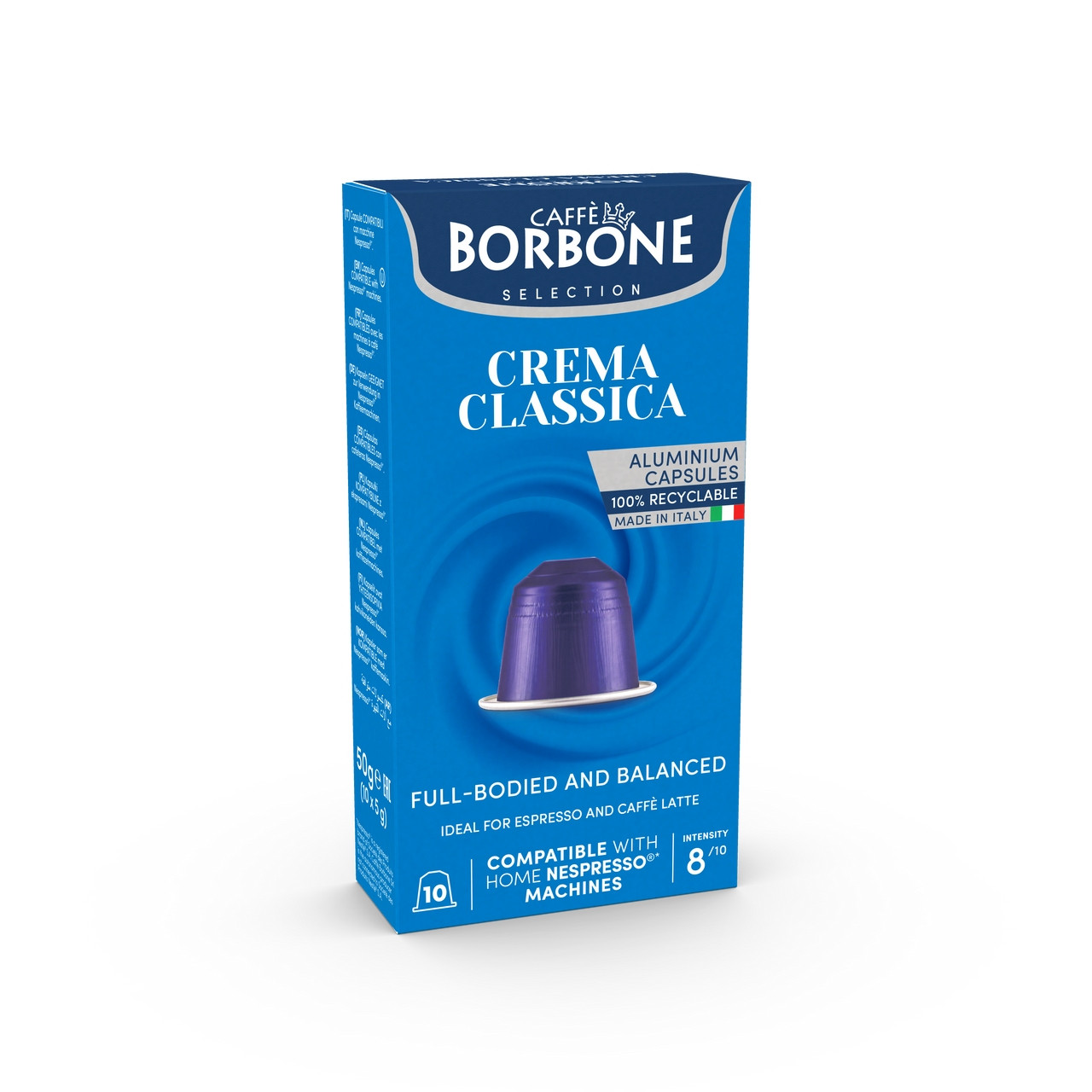 Caffe Borbone Crema Classica - Aluminum Nespresso Compatible Capsules, blue package with a purple coffee capsule illustration, emphasizing 100% recyclable aluminum capsules and Italian-made quality.