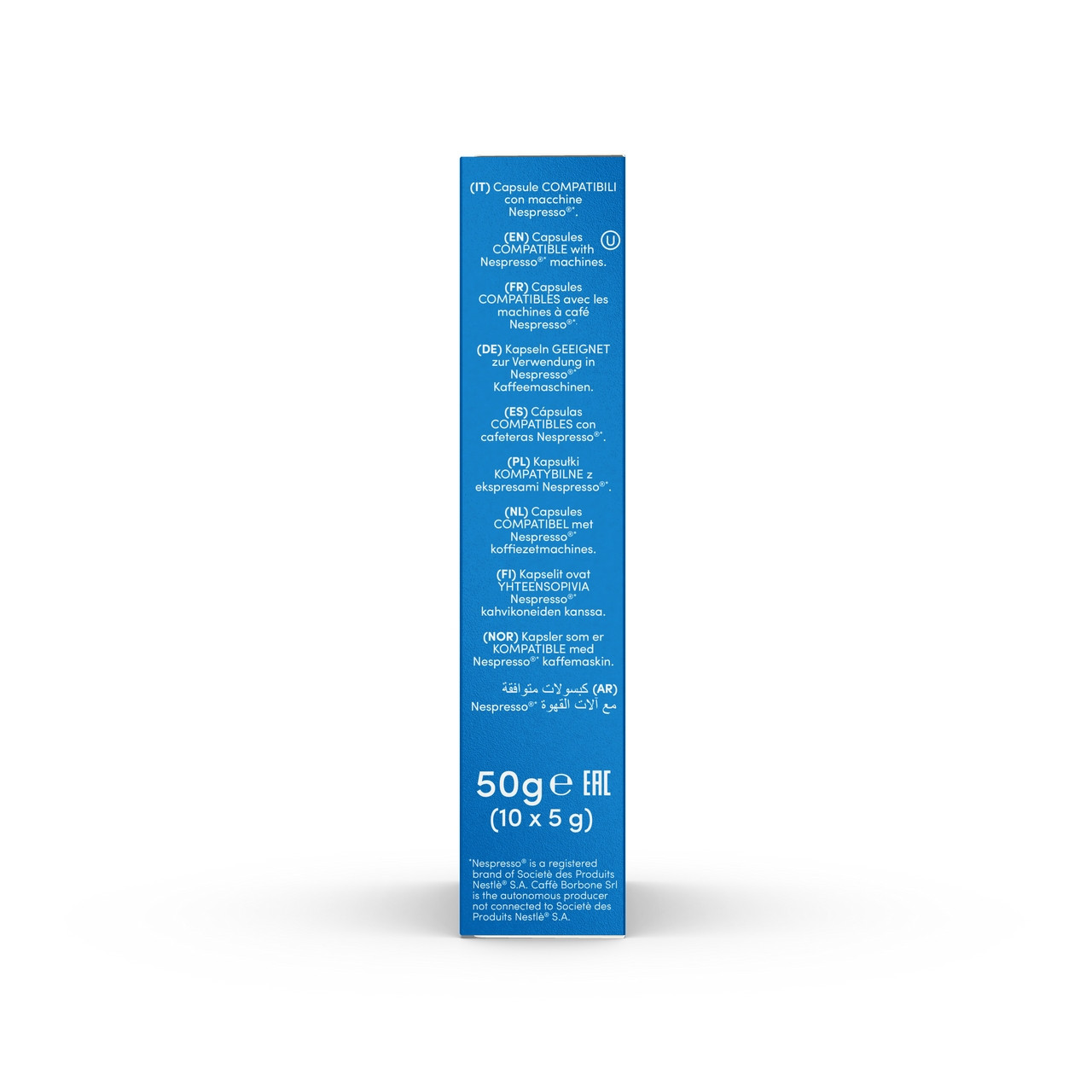 Caffe Borbone Crema Classica - Aluminum Nespresso® Compatible Capsules, blue packaging with product details and weight information.