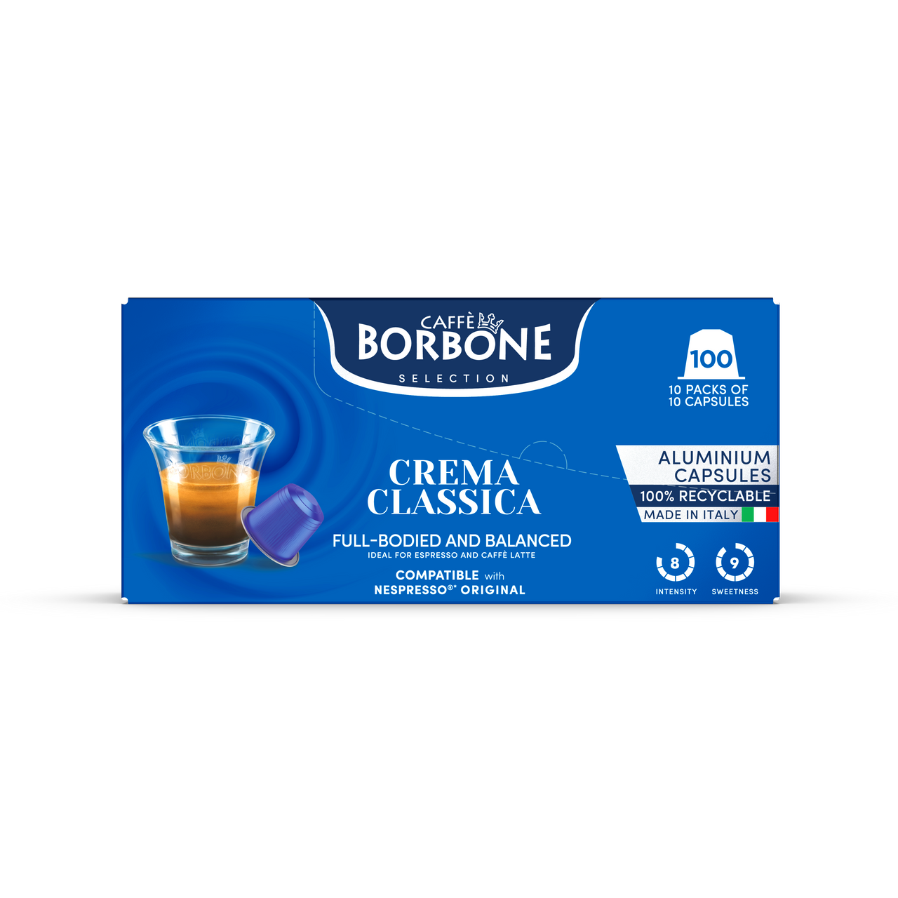 Caffe Borbone Crema Classica - Aluminum Nespresso®* Compatible Capsules, blue packaging with an image of a coffee shot in a glass and a capsule, highlighting the product's compatibility, full-bodied flavor, and eco-friendly aluminum capsules made in Italy.