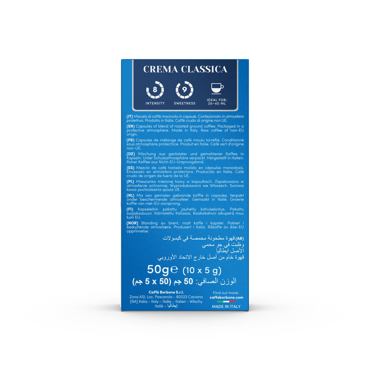 Caffe Borbone Crema Classica - Aluminum Nespresso®* Compatible Capsules, product packaging showing coffee capsule details and Italian origin.