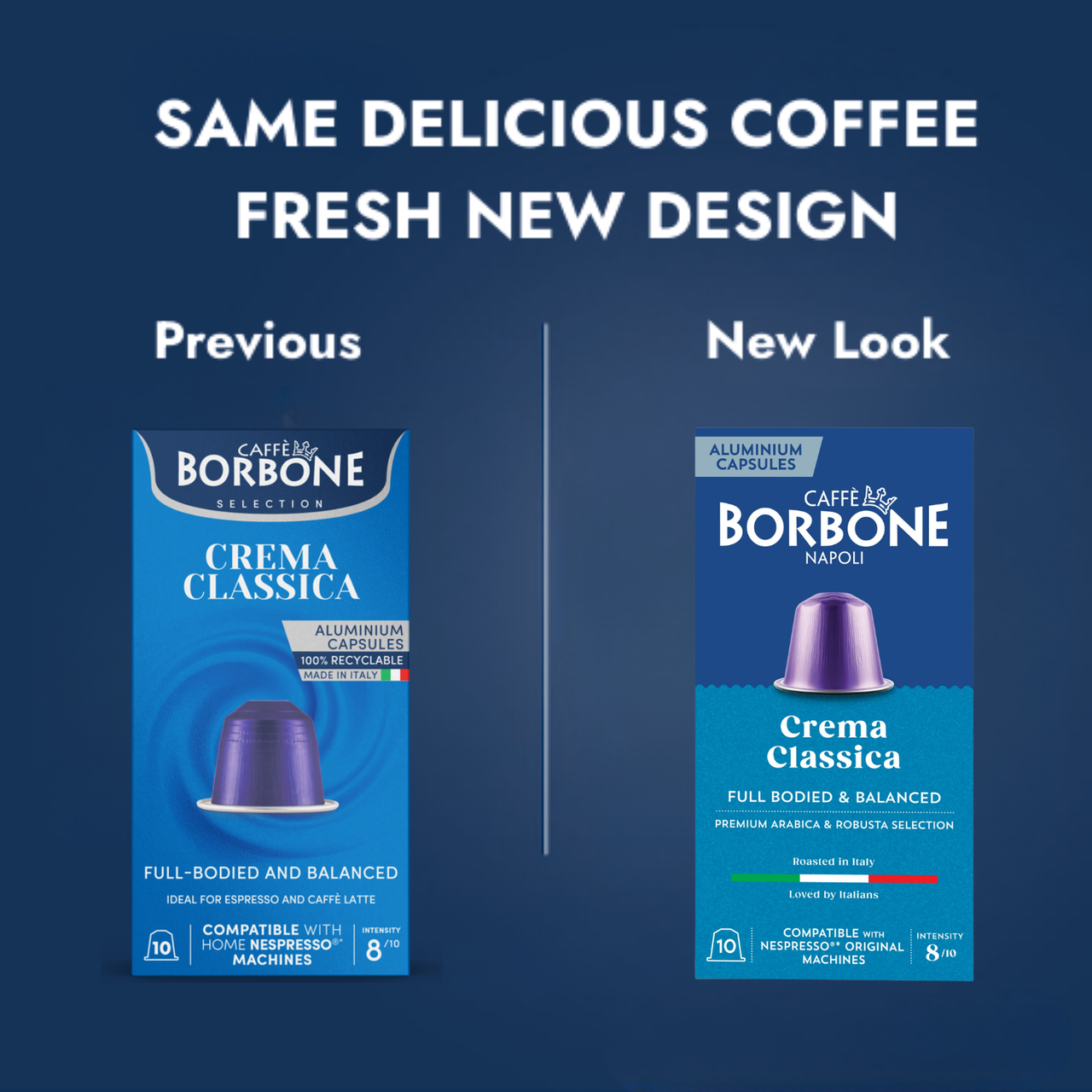 Image showing the difference in the new and old box design. Same delicious coffee fresh new design. - mobile gallery view