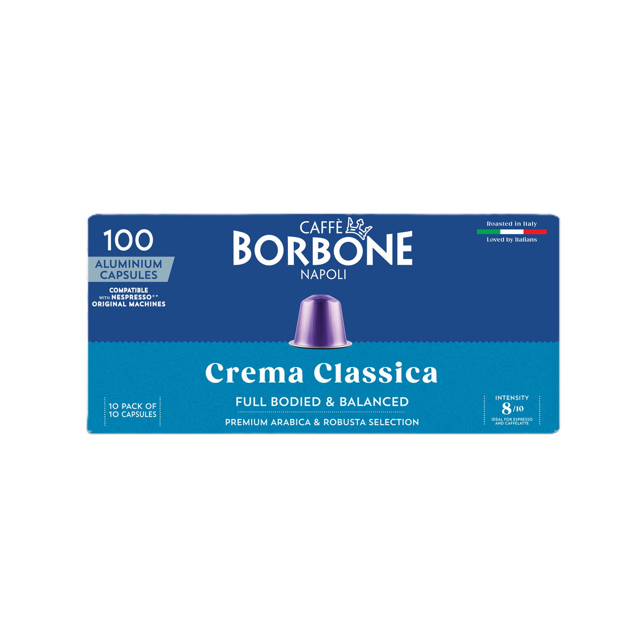 Caffe Borbone Crema Classica - Aluminum Nespresso®* Compatible Capsules, blue packaging with an image of a coffee shot in a glass and a capsule, highlighting the product's compatibility, full-bodied flavor, and eco-friendly aluminum capsules made in Italy. - mobile gallery view