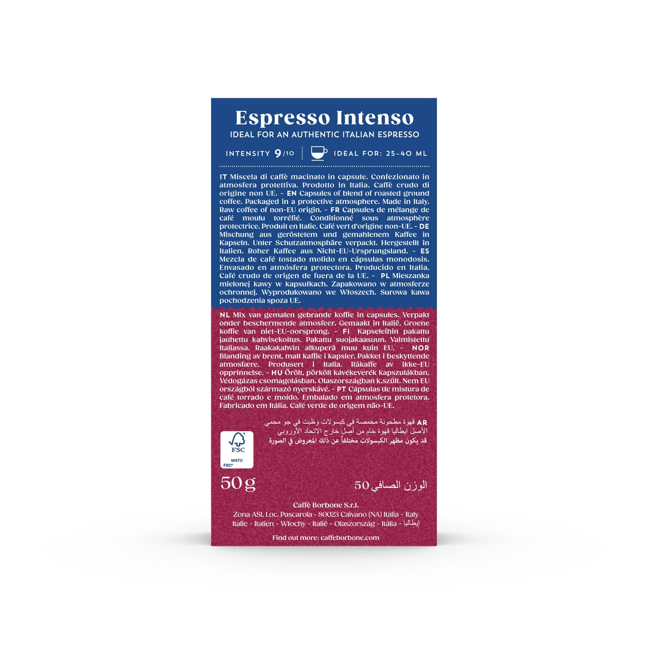 Caffe Borbone Espresso Intenso - Aluminum Nespresso®* Compatible Capsules, product packaging with detailed information and branding. - mobile gallery view