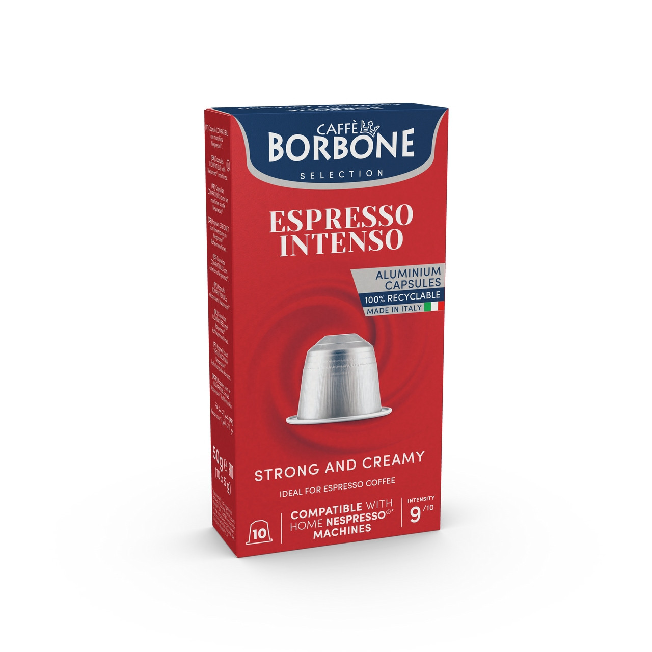 Caffe Borbone Espresso Intenso - Aluminum Nespresso®* Compatible Capsules, red box packaging with an image of a silver capsule, ideal for espresso coffee, recyclable, made in Italy, compatible with Nespresso machines.