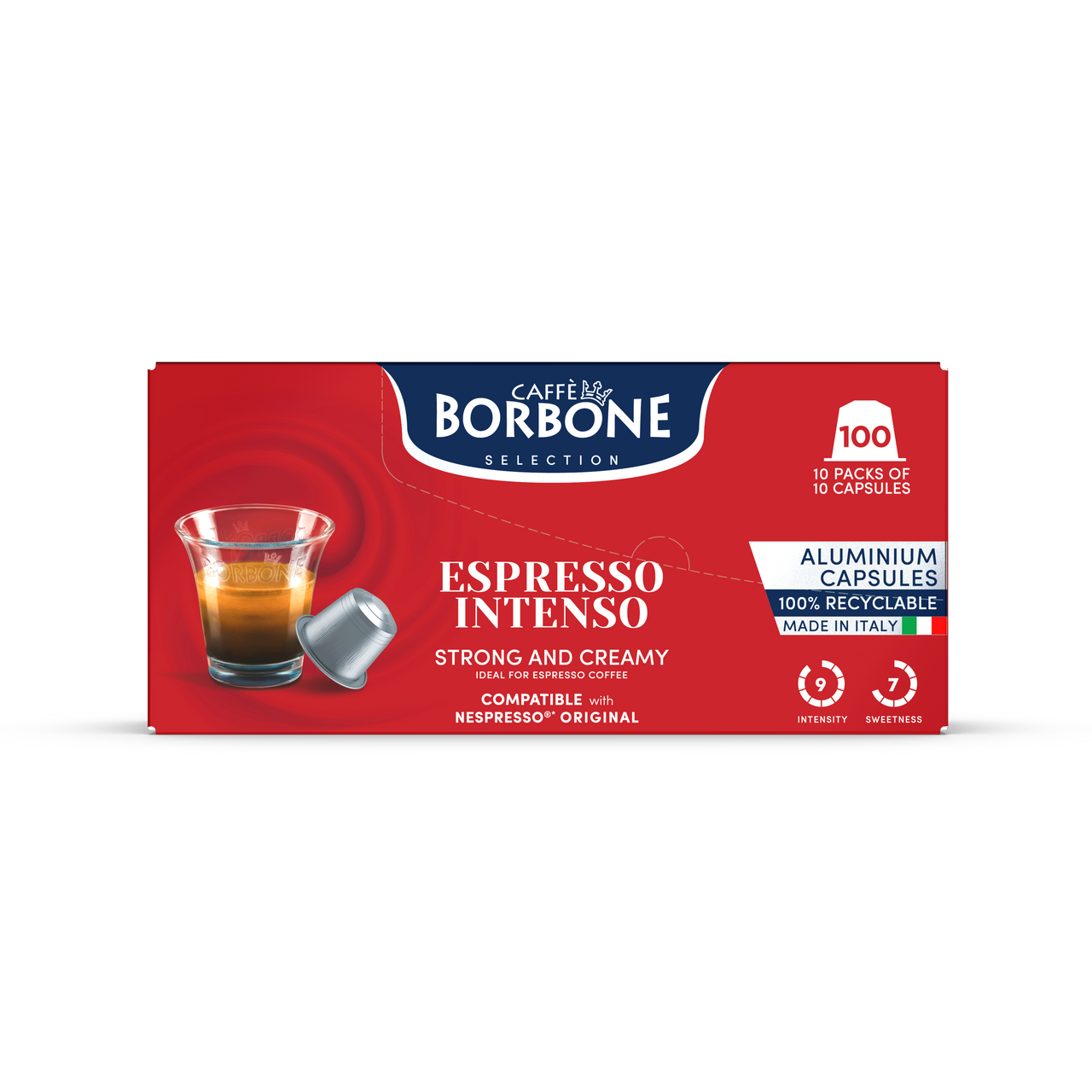 Caffe Borbone Espresso Intenso - Aluminum Nespresso®* Compatible Capsules, red packaging box with a glass of espresso and a capsule, featuring the product name and key details.