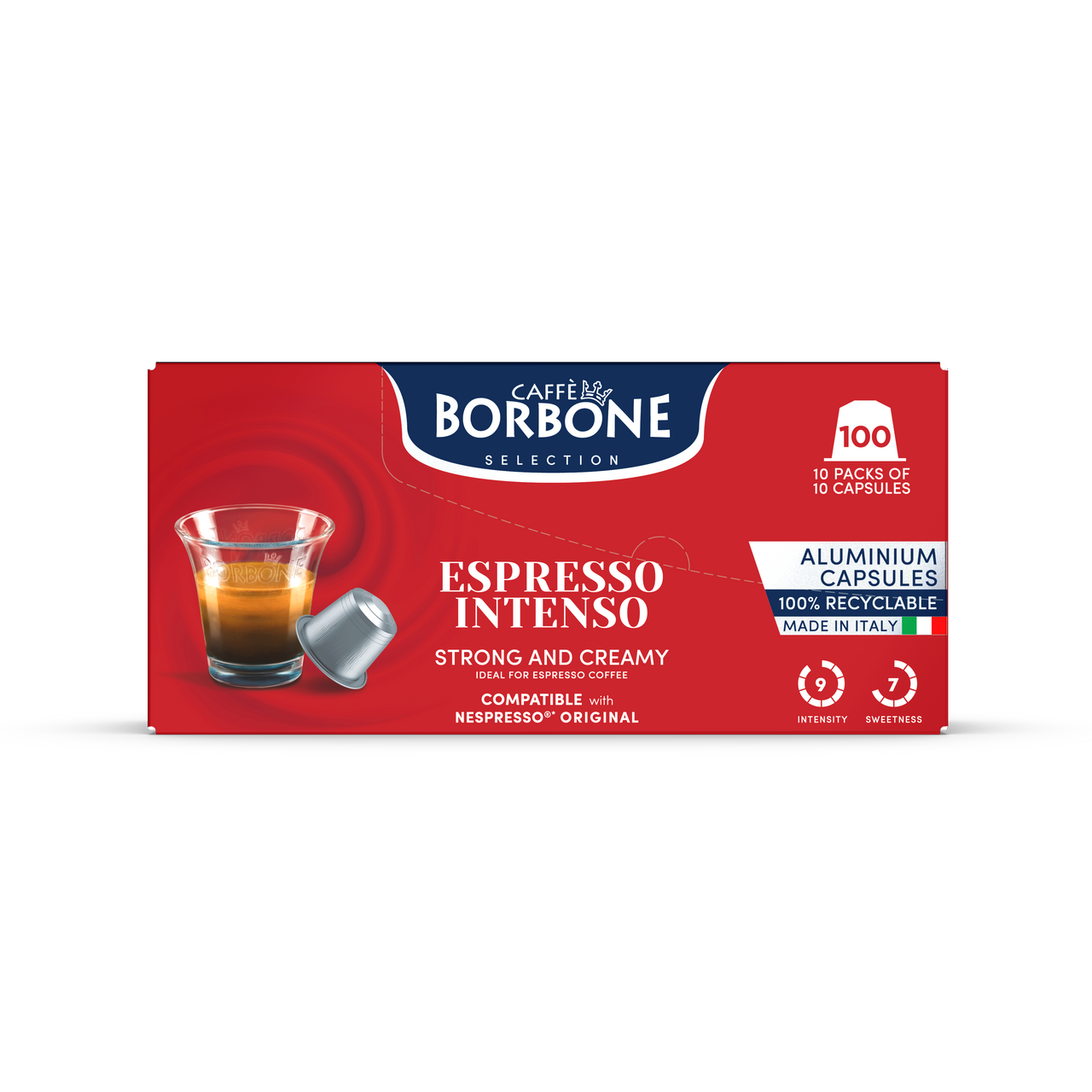 Espresso Intenso Aluminum Capsules by Caffe Borbone – Experience bold Italian flavor with our Nespresso-compatible capsules. Each aluminum capsule is packed with rich, full-bodied espresso, offering a robust coffee experience with every brew.