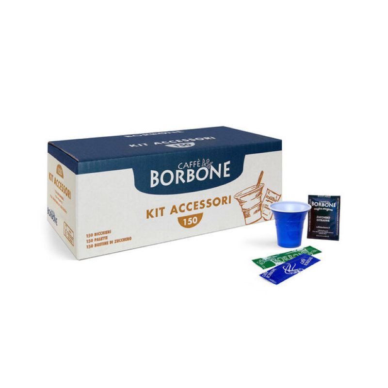 Caffe Borbone Coffee Kit - Includes 150 Cups, Stirrers, & Sugars, with a box of coffee capsules, blue coffee cup, and sugar packets. - mobile gallery view